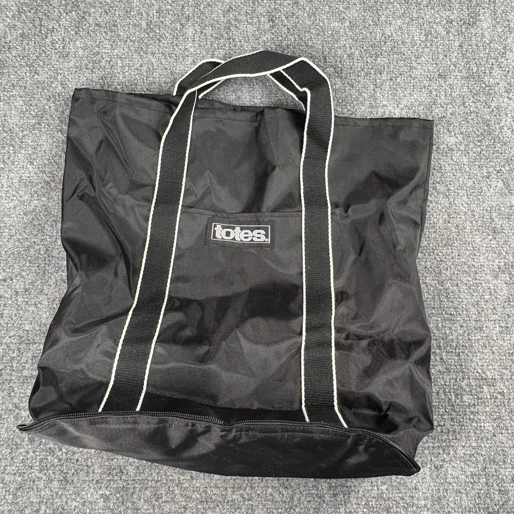 Y2K TOTES Black Nylon Tote Bag Collapses Into Small Zip Pouch Casual Utility VTG